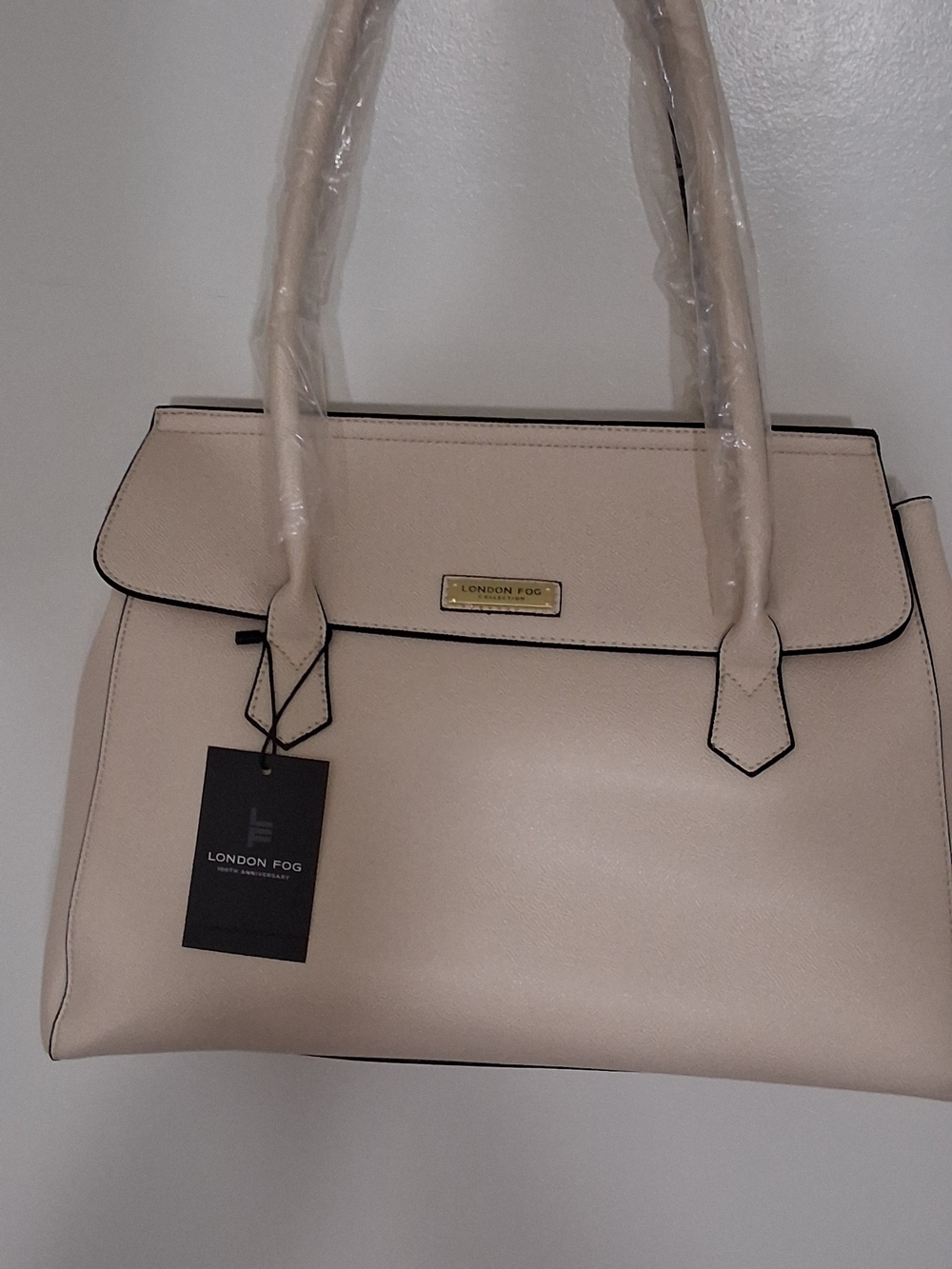 London Fog Cream Satchel with Black Trim